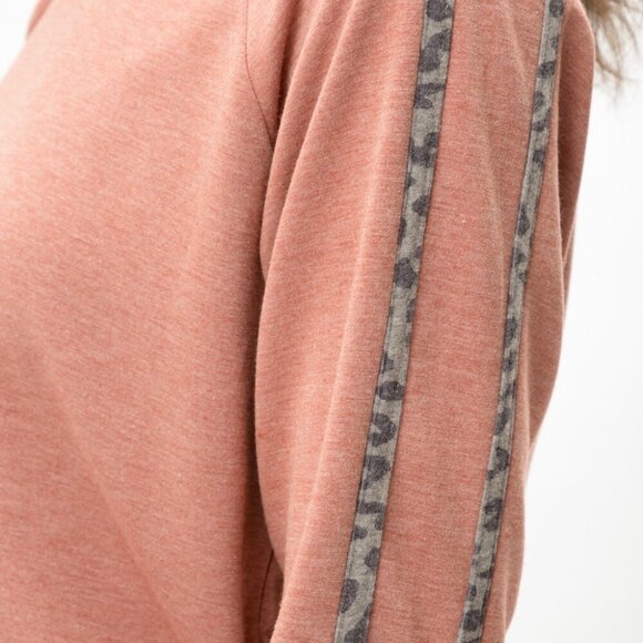 MYSTREE Cozy Rust Lounge Top with Leopard Trim | Long Sleeve Pullover - Picture 7 of 7